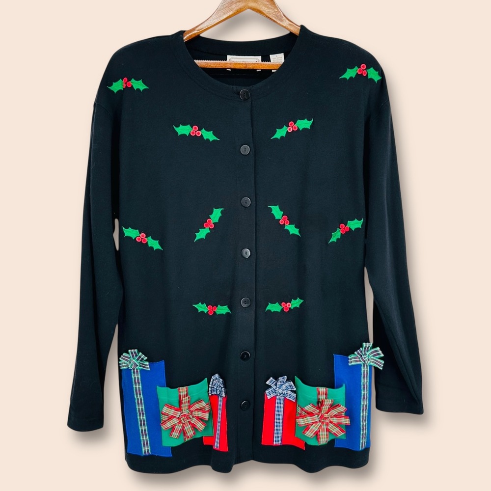 VTG‎ Bechamel Christmas Cardigan Holiday Sweater Sz L Black 3D Presents Holly